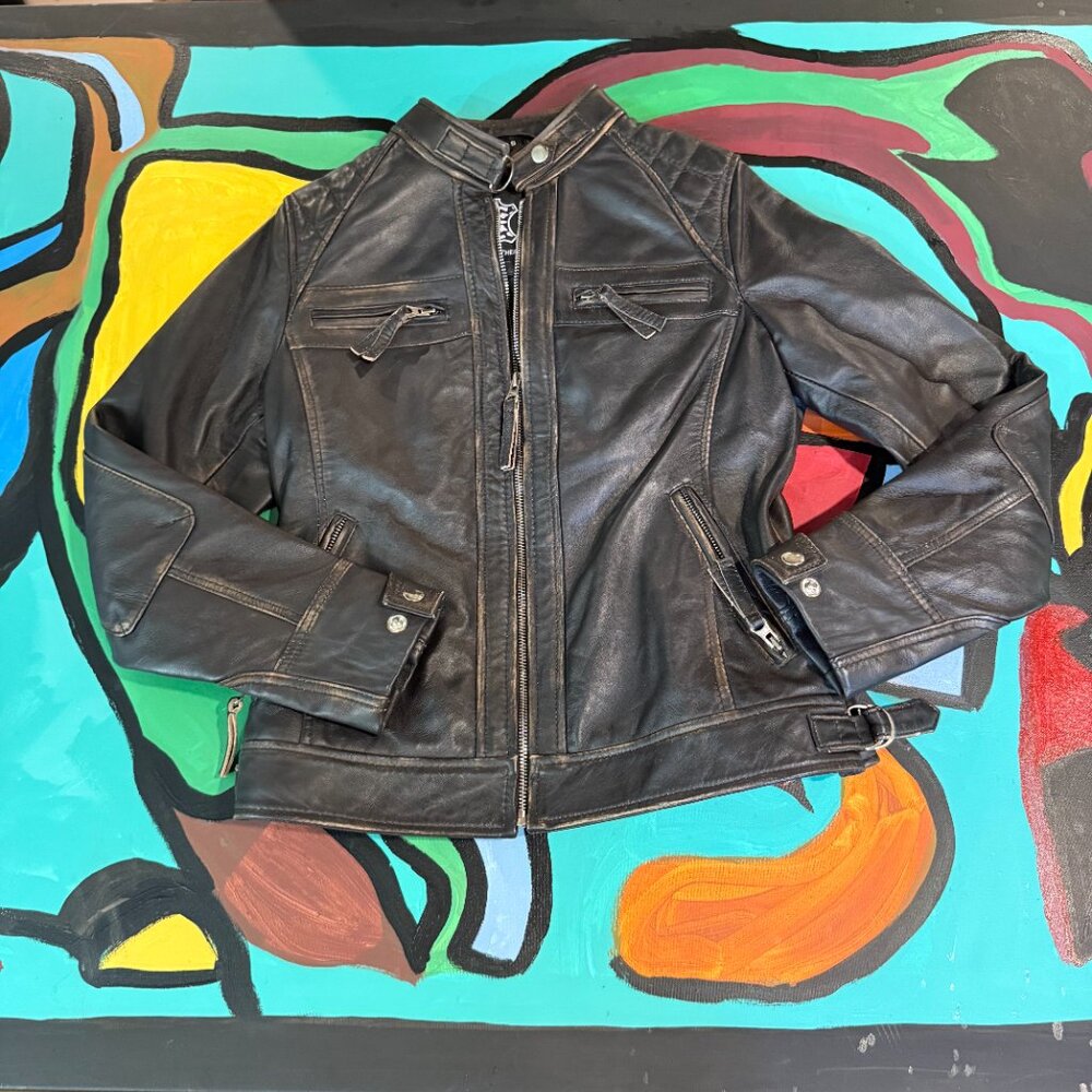 Real Leather Brand Brown Moto Jacket Size Small Quilted Back Silver Hardware Y2K